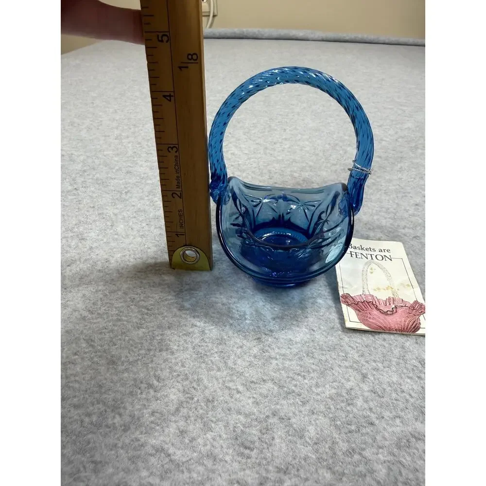 Vintage FENTON Wildrose & Bowknot Twilight Blue Mini Basket